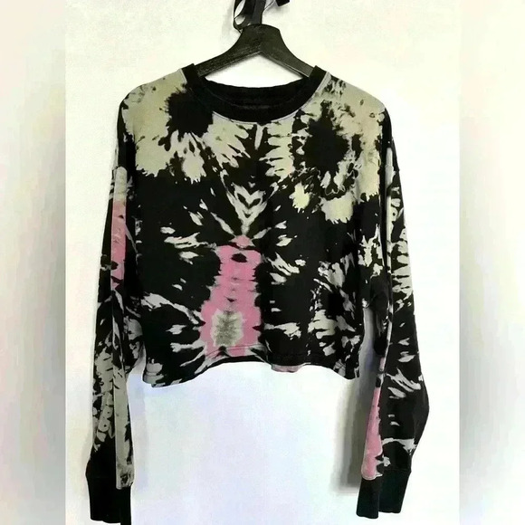 Noli Black Pink Tie Dye Cropped Crew Neck Sweatshirt Large - Picture 1 of 6